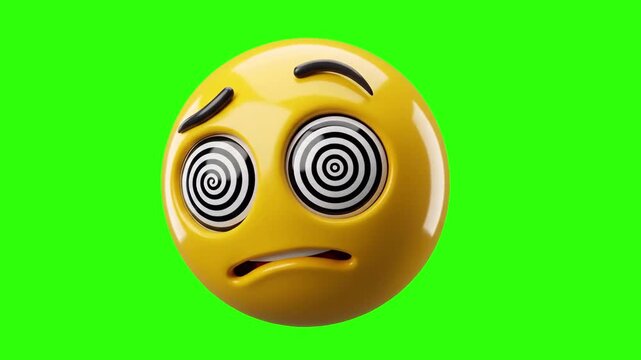 A 3D render of a yellow dizzy emoji with hypnotic spiral eyes on a chroma key green background. Designed for seamless keying and overlay in video editing, social media content, and animation projects.