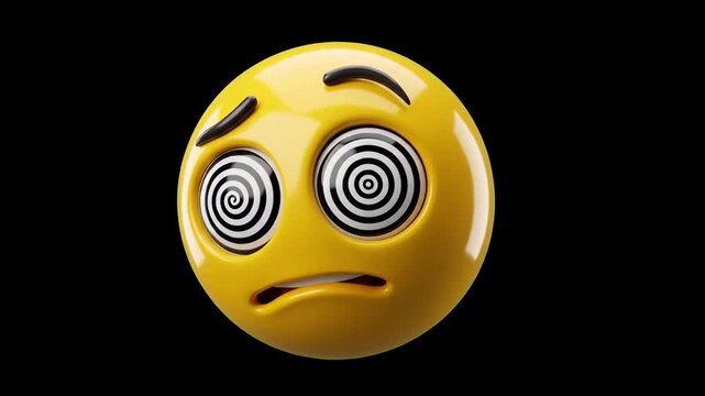 A glossy yellow 3D emoji character featuring hypnotic spiral eyes and a confused expression, set against a dark black background. Great for social media overlays, psychological concepts, and digital r