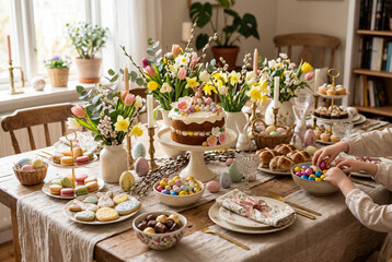 Fototapeta premium Festive Easter Dining Table Setting with Spring Flowers and Holiday Treats