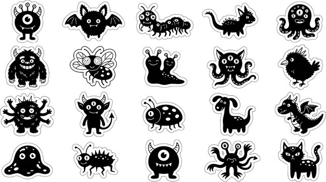 Cute monster sticker set, 20 black and white cartoon creature icons, whimsical alien and animal silhouettes for kids crafts