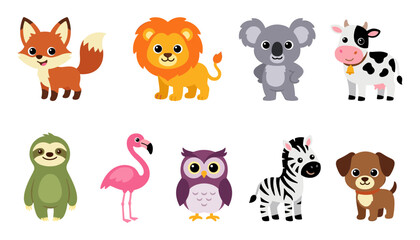 Fototapeta premium Cute Cartoon Animals Vector Character Set Featuring Fox Lion Koala Cow Sloth Flamingo Owl Zebra and Dog for Kids Nursery and School Graphic Designs