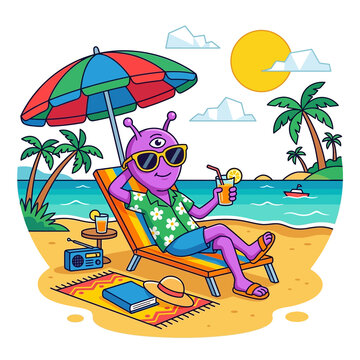 Purple alien relaxing on a beach chair with sunglasses and a tropical cocktail drink