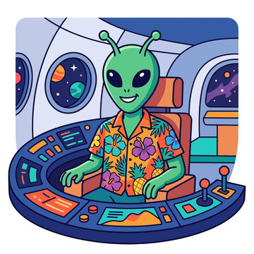 Green alien wearing a tropical shirt sitting at a spaceship control panel in outer space.