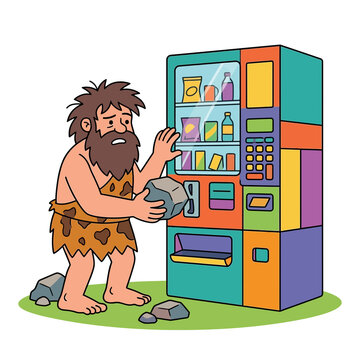 Caveman trying to use a modern vending machine with a rock in a funny cartoon style