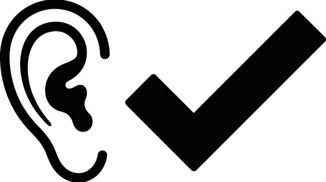 Ear outline and checkmark symbol on white background.