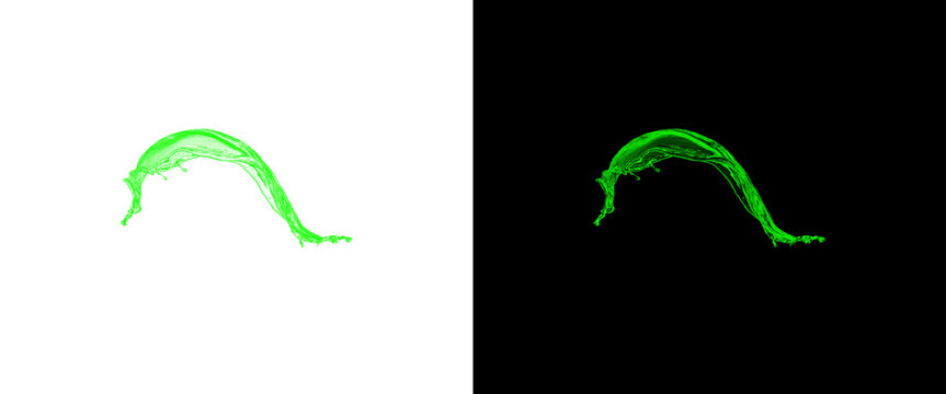 Neon green ink splash on white and black background, vibrant liquid paint splatter, abstract toxic chemical spill effect