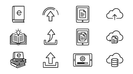Fototapeta premium Digital Library & Cloud Upload Icons: Books, Tablets, Data Transfer, Storage