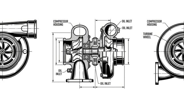 Technical engineering diagram of a turbocharger unit.