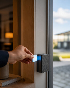 A hand holds a security card near a modern door reader in a bright entryway, illustrating access control, authentication, and security in daily life.