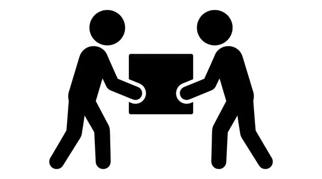 Two stick figures carrying a cardboard shipping box.