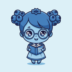 Cute blue cartoon girl reading a book with glasses.