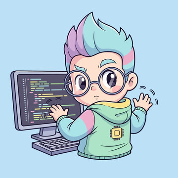 Cartoon programmer coding on computer with colorful hair.