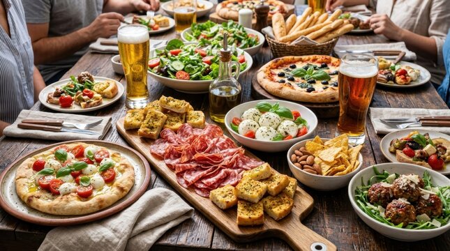 Large group of friends enjoying a delicious Italian feast with fresh pizza and salad and cold beer and appetizers on a rustic wooden table during a social dinner party at a restaurant or home setting.