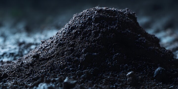Dark mound of rich earth sits isolated on soft blurred soil under dim light.