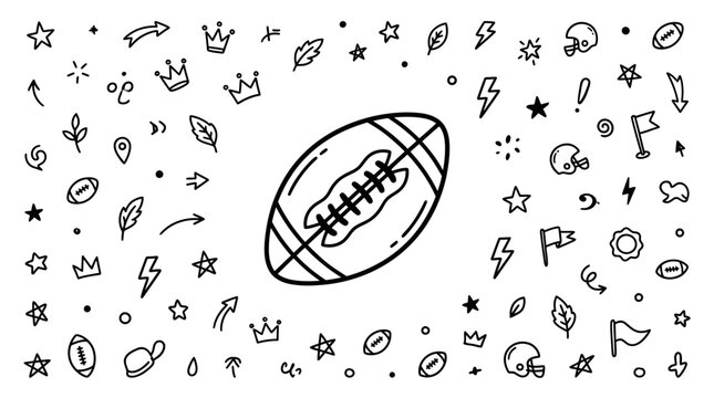 American football surrounded by festive sports doodle elements.