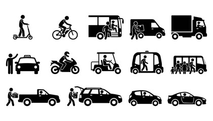 Fototapeta premium Set of transportation icons featuring various vehicles and people commuting or loading cargo