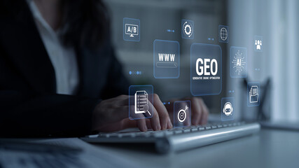 Naklejka premium Business professional working on keyboard with digital interface showcasing various technology icons representing data processing and geographical information systems. Glyphic.