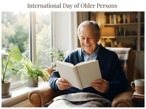Happy senior man reading a book while sitting in a cozy chair by the window at home