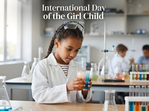 Young girl student doing science experiment in laboratory for international day of girl