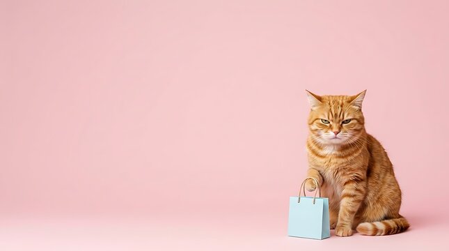Cute Ginger Cat Sitting with a Small Blue Shopping Bag.