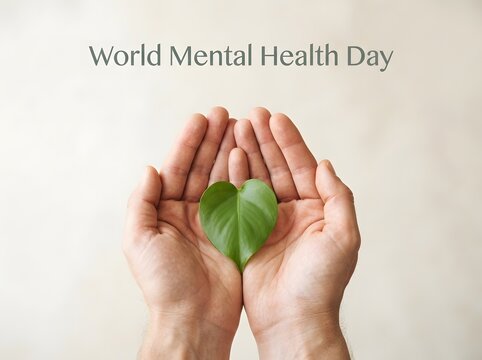 Hands holding a green heart shaped leaf for world mental health day awareness campaign