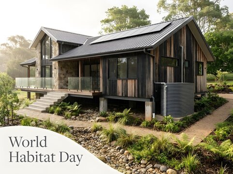 Modern dark house with solar panels and eco friendly garden for world habitat day