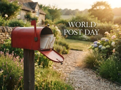Red metal mailbox with letters in a beautiful garden at sunset for world post day