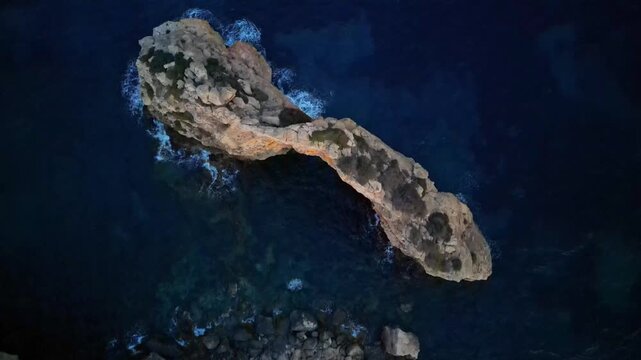 Travel and nature aerial footage of Es Pontas arch, Mallorca. Top view, nature. Landmark s in Mallorca