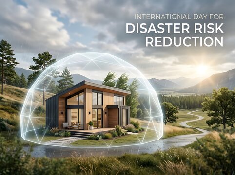 Modern house inside a protective glass dome during the international disaster risk day