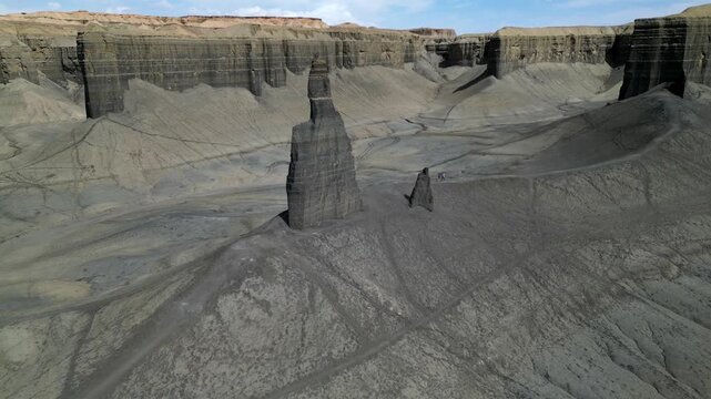 Aerial footage of dramatic, extraterrestial landscape with Long Dong Silver, Utah. Tourism and travel footage with copy space 