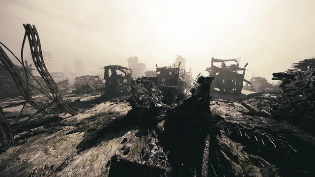 Horizon of ruins under harsh sun, flattened foreground and jagged silhouettes, oppressive brightness and deep shadows emphasize emptiness and scale.