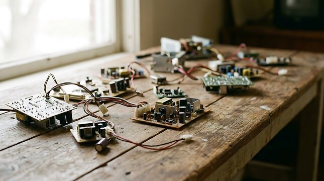Electronic circuit boards and components spread across a wooden workbench