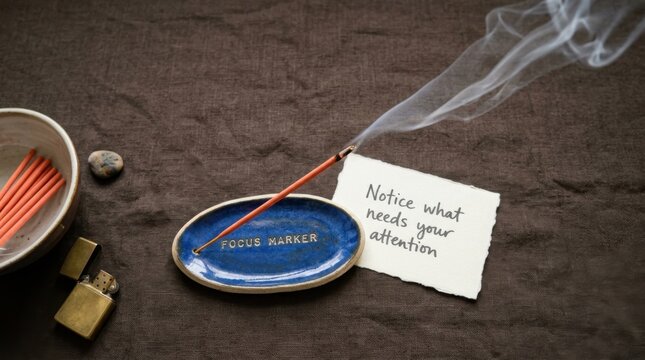 Burning incense stick rests on a blue ceramic focus marker holder with smoke rising near a motivational note on brown fabric, representing peace and spiritual wellness for zen meditation concepts