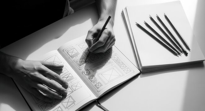 Creative Designer Sketching Website Layouts With Pencils On Notebook