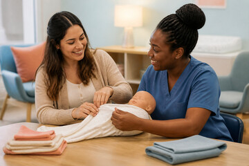 Obraz premium Two women care for a baby in a bright clinic room, one mother smiling while swaddling the infant, the other nurse assists. Warm, supportive maternity care scene.