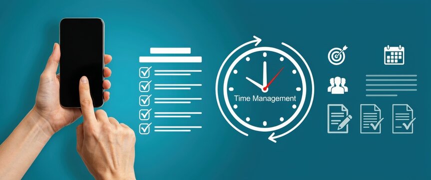 Time management concept with smartphone and icons