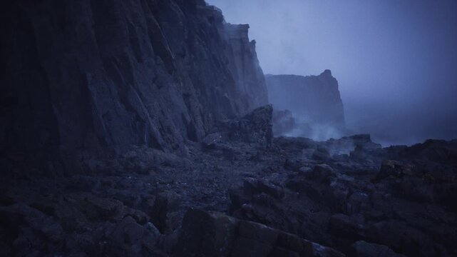 Remote basalt cliffs shrouded in mist, vast vertical faces receding into low clouds, raw geology and weathered texture, isolated shoreline ideal for adventure