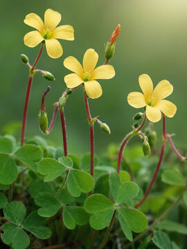 Yellow Creeping Woodsorrel Flowers Blooming in Soft Sunlight