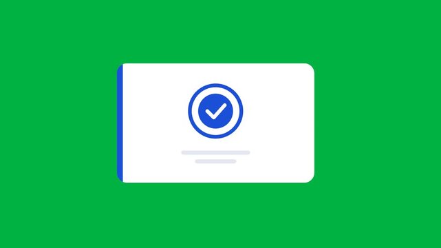 Flat UI success message card animation with cobalt progress ring closing into white check mark on chroma green screen background for 4K keying