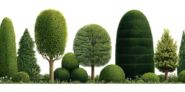 A variety of meticulously shaped green trees and bushes are arranged against a white background.