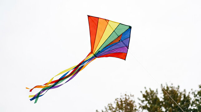 Colorful rainbow kite flying in the sky.