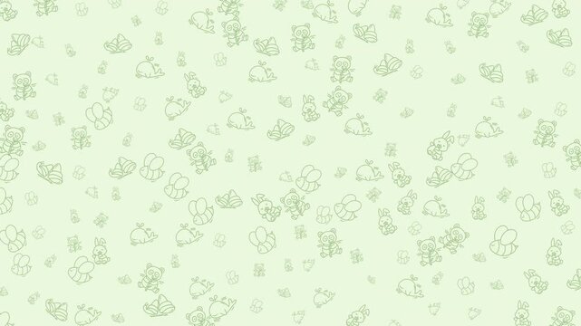 Animated cute green animal doodle pattern for children's background design
