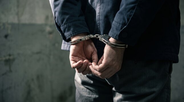 Close up of male suspect in handcuffs with hands behind back against a dark concrete wall