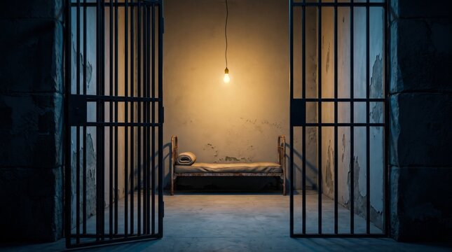 Empty prison cell with open iron bars featuring a rusty cot and single hanging incandescent bulb.