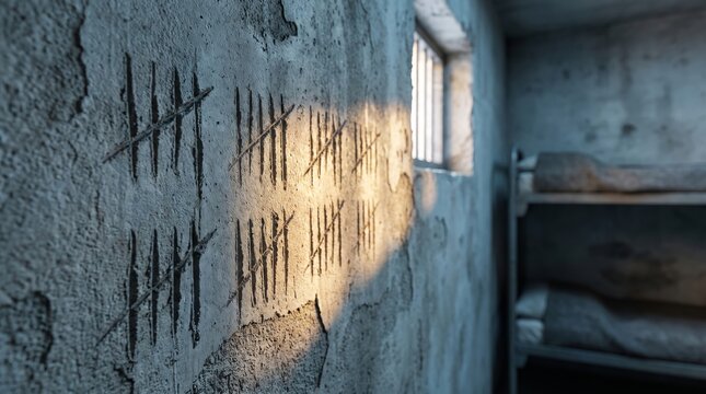 Tally marks carved into a textured concrete prison wall with light from a barred window and bunk beds in background.