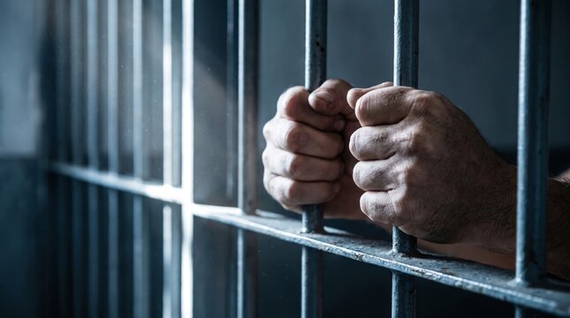 Inmate hands clutching steel bars in a dark prison cell with atmospheric lighting