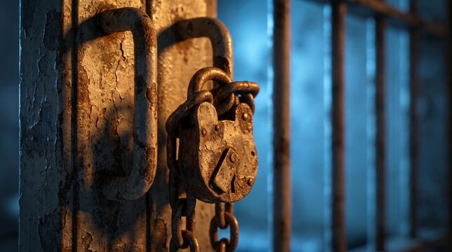 Rusty vintage padlock with heavy chain on iron bars in cinematic teal and orange prison cell lighting