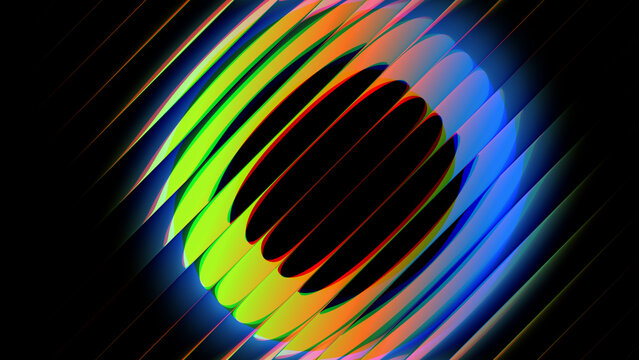 A vibrant gradient refracted through ribbed glass creating a futuristic glowing circle and vertical fluted glass for branding in this high quality 3d render