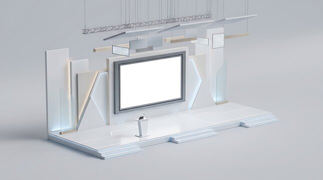 Minimalist 3D Rendered Stage Design with Blank Screen for Presentations.