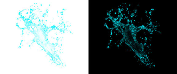 Obraz premium Purple liquid splash isolated on white and black background, dynamic water burst with flying droplets, violet paint splashing effect